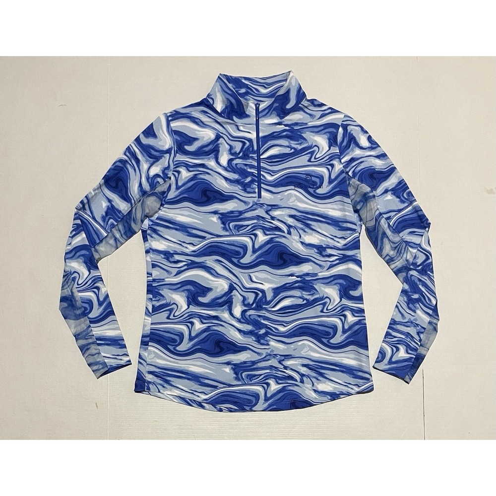IBKUL Womens Small Blue White Marble Swirl Print 1/4 Zip Golf Top UPF50+ LS